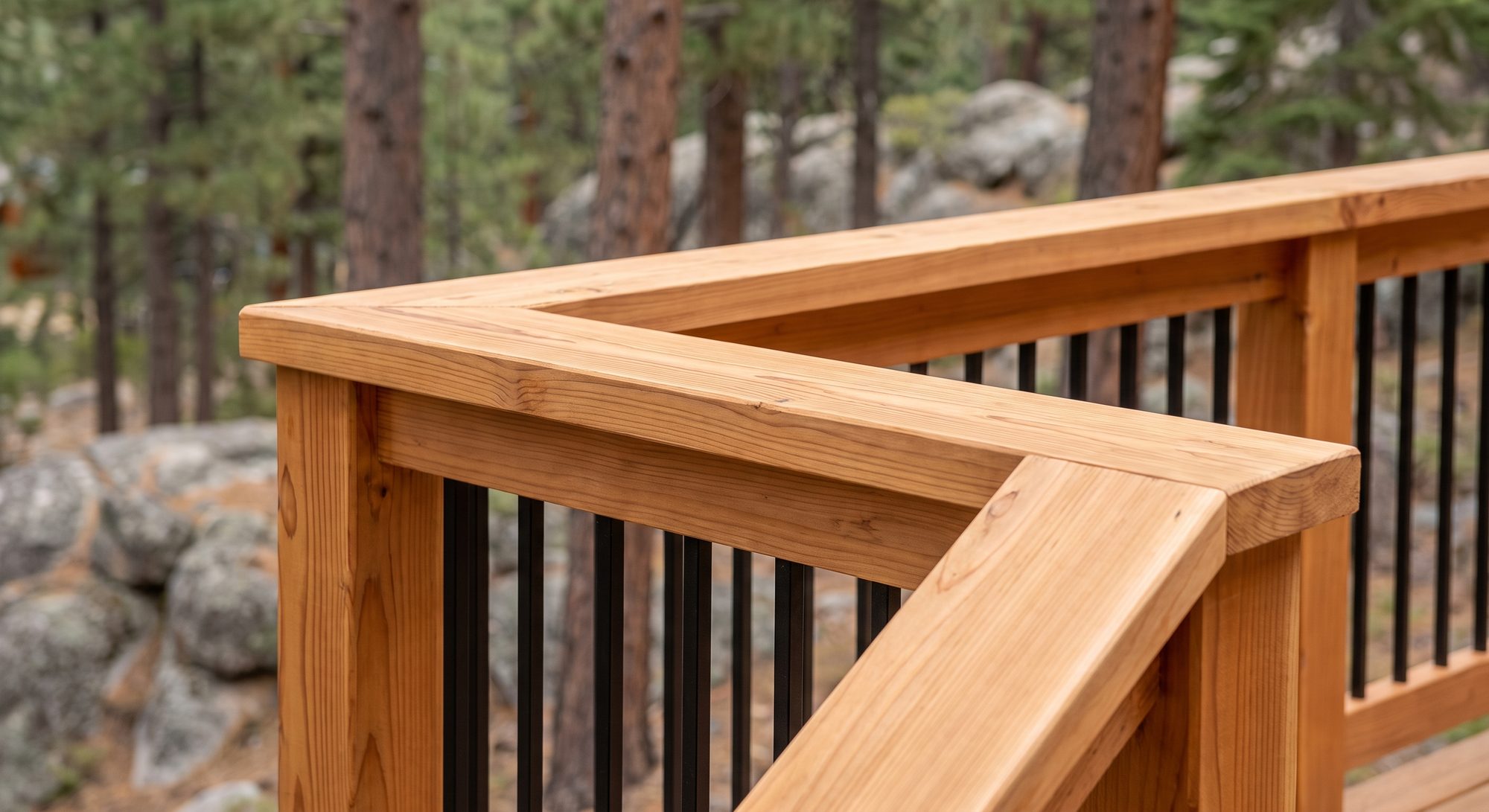 Close view of deck railing carpentry — cedar cap and mitred corner