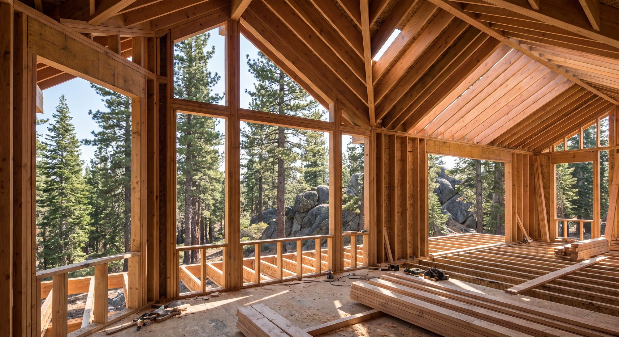 Open stud walls and roof rafters seen from inside a house under construction