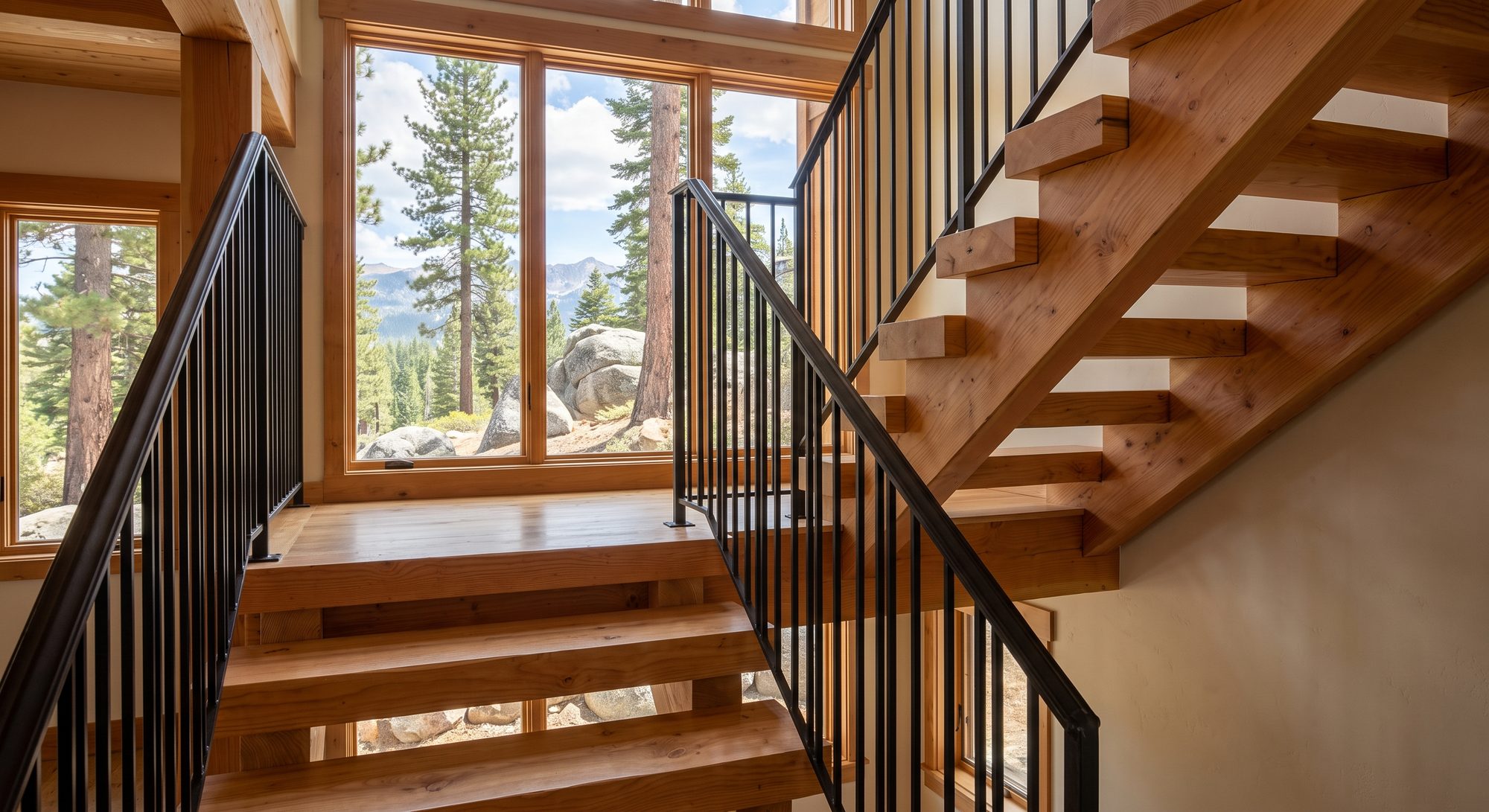 A solid wood interior staircase with a black metal railing